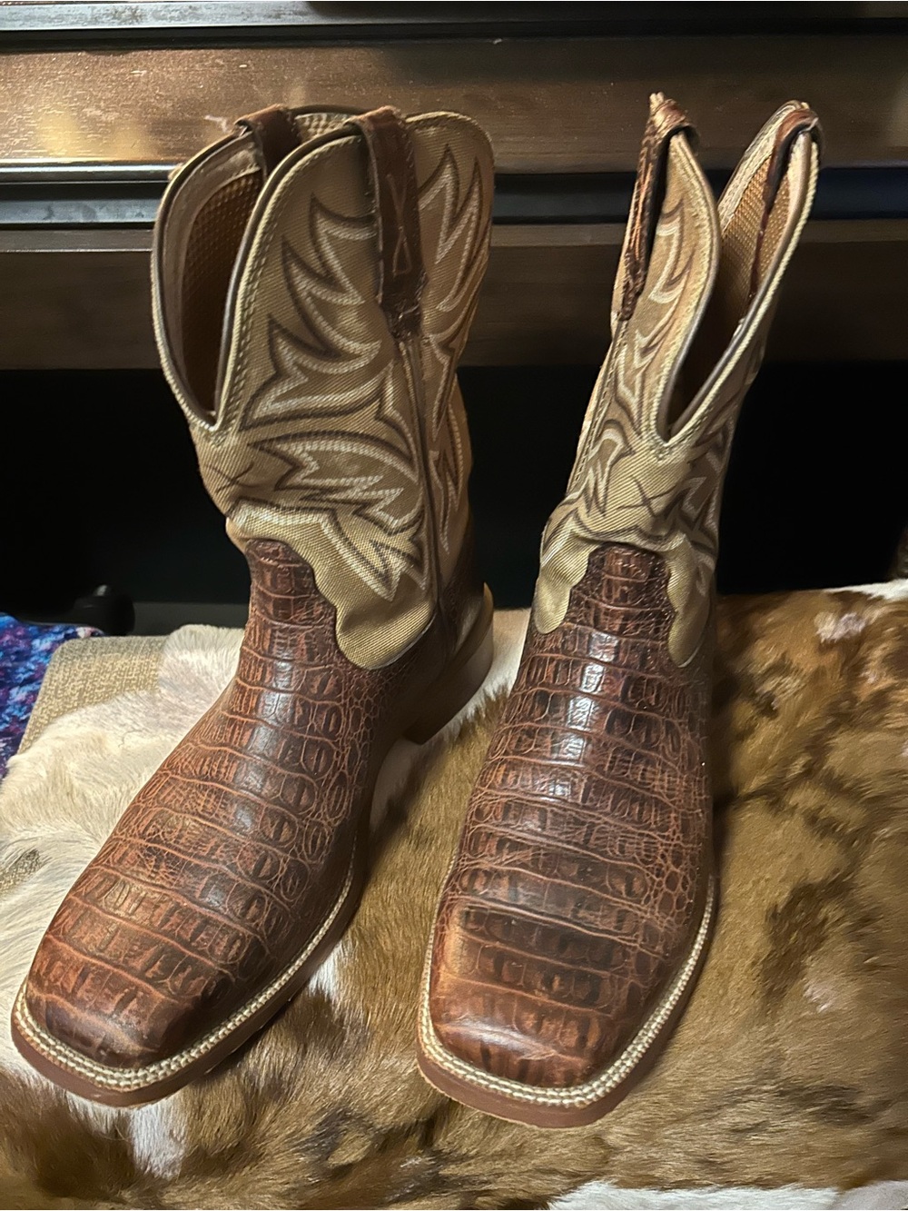 Twisted X Brown Croc-Print Foot Tan Embroidered Shaft Cowboy Boots